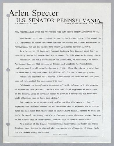 Senator Specter again urges HHS to provide more low income energy assistance to PA