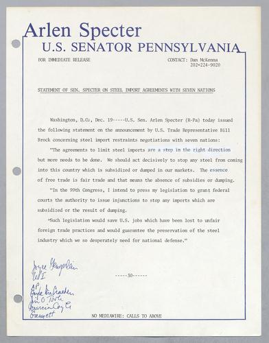 Statement of Senator Specter on steel import agreements with seven nations