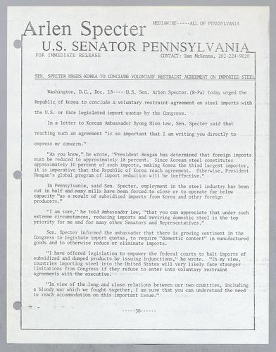 Senator Specter urges Korea to conclude voluntary restraint agreement on imported steel