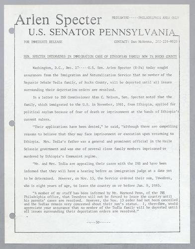 Senator Specter intervenes in immigration case of Ethiopian family now in Bucks County