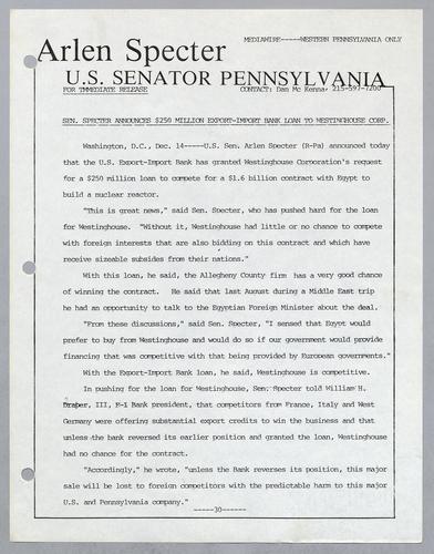 Senator Specter announces $250 million export-import bank loan to Westinghouse Corp.