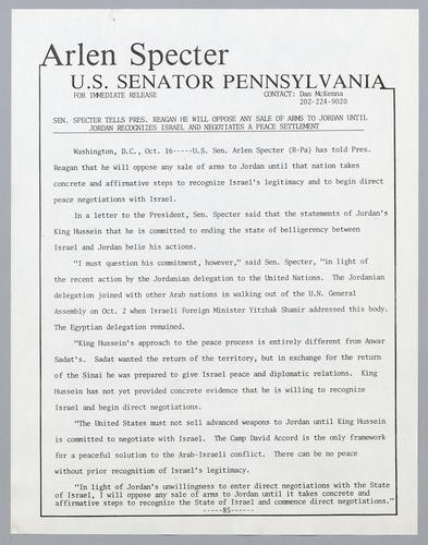 Senator Specter tells President Reagan he will oppose any sale of arms to Jordan until Jordan recognizes Israel and negotiates a peace settlement