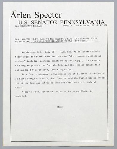 Senator Specter urges U.S. to use economic sanctions against Egypt, if necessary, to bring ship hijackers to U.S. for trial