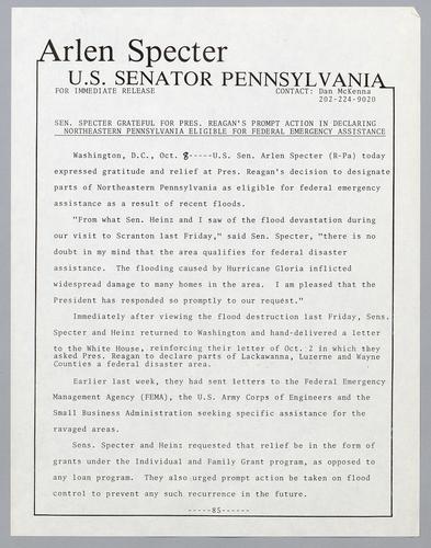 Senator Specter grateful for President Reagan's prompt action in declaring northeastern Pennsylvania eligible for federal emergency assistance