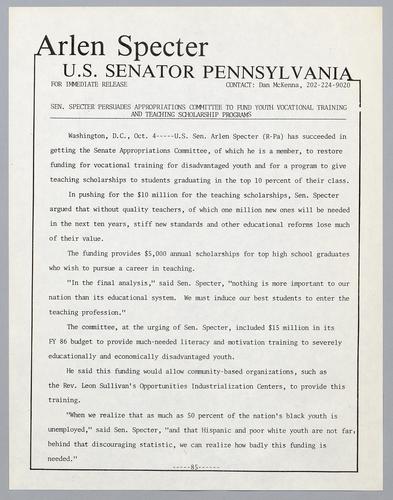 Senator Specter persuades Appropriations Committee to fund youth vocational training and teaching scholarship programs