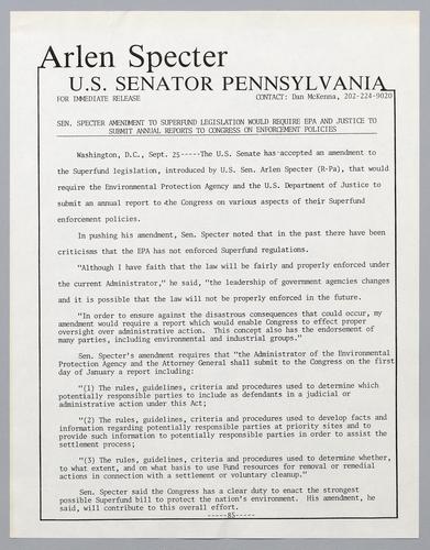 Senator Specter amendment to superfund legislation would require EPA and Justice to submit annual reports to Congress on enforcement policies