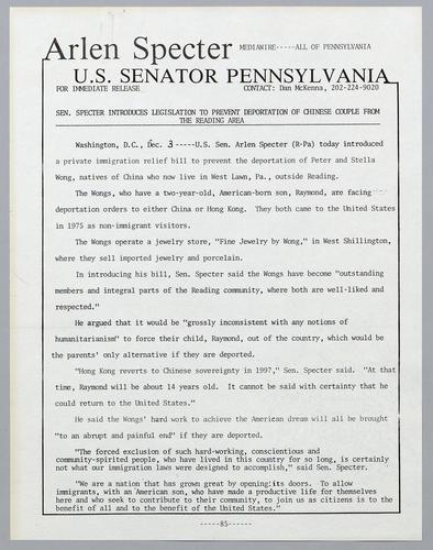 Senator Specter introduces legislation to prevent deportation of Chinese couple from the Reading area