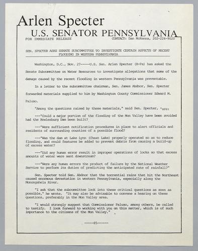 Senator Specter asks Senate subcommittee to investigate certain aspects of recent flooding in western Pennsylvania