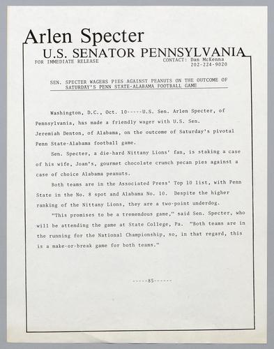Senator Specter wagers pies against peanuts on the outcome of Saturday's Penn State-Alabama football game