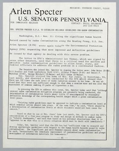 Senator Specter presses EPA to establish reliable guidelines for radon contamination