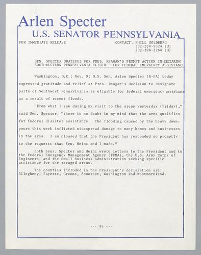 Senator Specter grateful for President Reagan's prompt action in declaring southwestern Pennsylvania eligible for federal emergency assistance