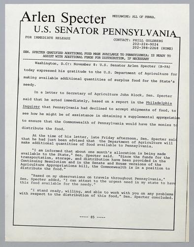 Senator Specter gratified additional food made available to Pennsylvania; is ready to assist with additional funds for distribution, if necessary