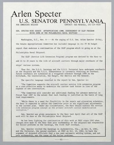 Senator Specter wins Senate Appropriations Committee endorsement of SLEP program being done at the Philadelphia Naval Shipyard