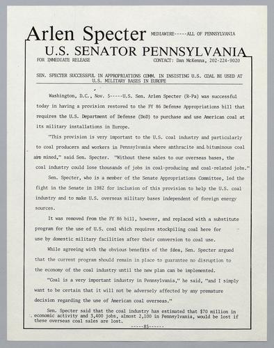 Senator Specter successful in Appropriations Committee in insisting U.S. coal be used at U.S. military bases in Europe