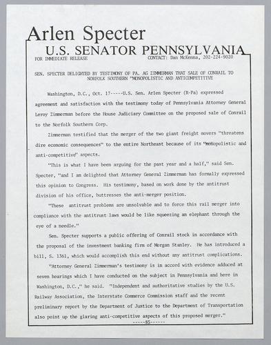 Senator Specter delighted by testimony of PA AG Zimmerman that sale of Conrail to Norfolk Southern "monopolistic and anticompetitive,"