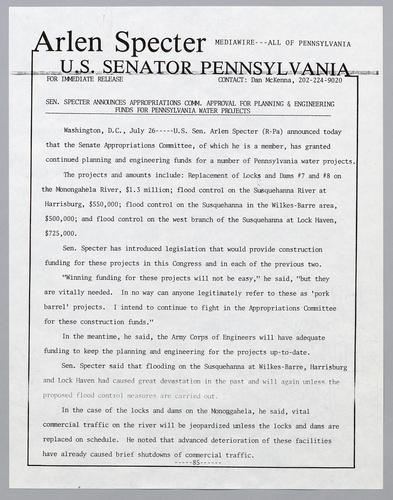 Senator Specter announces appropriations committee approval for planning and engineering funds for Pennsylvania water projects