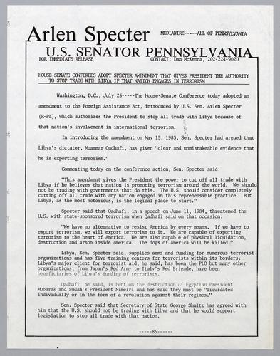 House-Senate conferees adopt Specter amendment that gives President the authority to stop trade Libya if that nation engages in terrorism