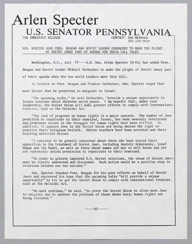 Senator Specter asks President Reagan and Soviet leader Gorbachev to make the plight of Soviet Jewry part of agenda for their fall talks
