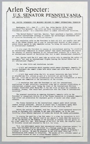 Senator Specter introduces five measures designed to combat international terrorism