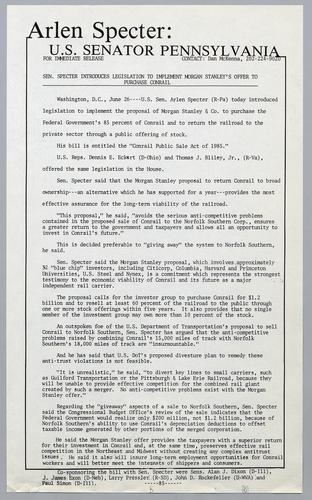 Senator Specter introduces legislation to implement Morgan Stanley's offer to purchase Conrail