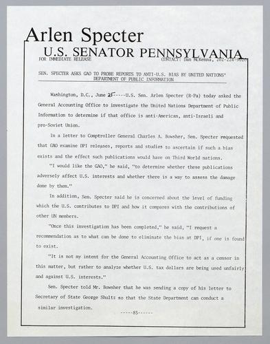 Senator Specter asks GAO to probe reports to anti-US bias by United Nations' Department of Public Information