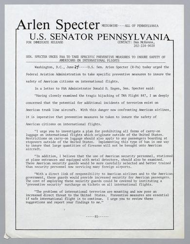 Senator Specter urges FAA to take specific preventive measures to insure safety of Americans on international flights