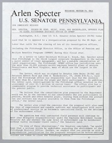 Senator Specter, joined by Senators Heinz, Byrd, and Rockefeller, opposes plan to close Pittsburgh district office of OPWBP