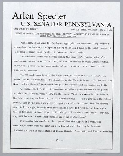 Senate Appropriations Committee okays Senator Specter's amendment to establish a federal court facility in Johnstown, PA
