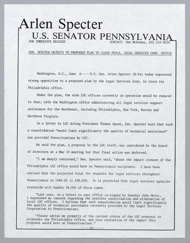 Senator Specter objects to proposed plan to close Philadelphia Legal Services Corp. office