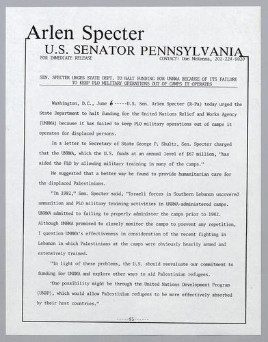 Senator Specter urges State Department to halt funding for UNRWA because of its failure to keep PLO military operations out of camps it operates