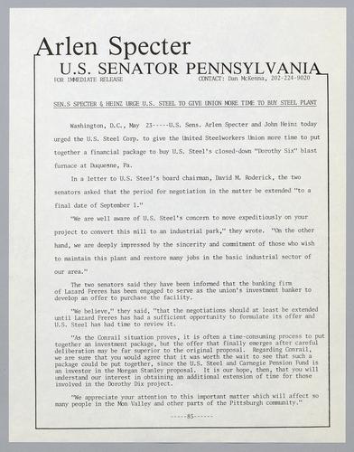 Senators Specter and Heinz urge U.S. Steel to give union more time to buy steel plant