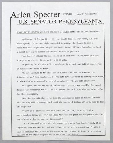 Senate passes Specter amendment urging U.S.-Soviet summit on nuclear arms reduction