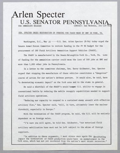 Senator Specter urges restoration of funding for FAASV made by BMY in York, PA