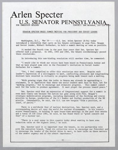 Senator Specter urges summit meeting for President and Soviet leader