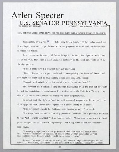 Senator Specter urges State Department not to sell Hawk anti-aircraft missiles to Jordan