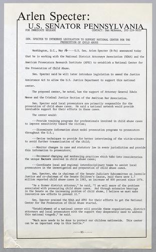 Senator Specter to introduce legislation to support National Center for the Prosecution of Child Abuse
