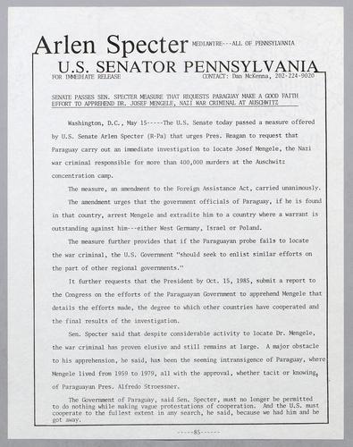Senate passes Senator Specter measure that requests Paraguay make a good faith effort to apprehend Dr. Josef Mengele, Nazi war criminal at Auschwitz