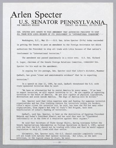 Senator Specter gets Senate to pass amendment that authorizes President to stop all trade with Libya because of its involvement in "international terrorism,"
