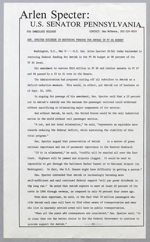 Senator Specter succeeds in restoring funding for Amtrak in fiscal year 1986 budget