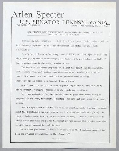 Senator Specter urges Treasury Department to maintain the present tax status for charitable contributions