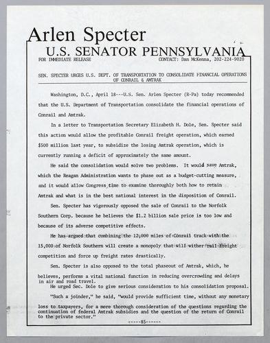 Senator Specter urges U.S. Department of Transportation to consolidate financial operations of Conrail and Amtrak