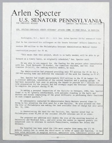 Senator Specter convinces Senate Veterans' Affairs Committee to fund Philadelphia VA hospital