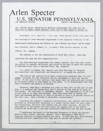 Senator Specter denied contention of Maryland Congressman that Penn Ship not qualified to handle tanker contract; urges Navy to make award to Chester County