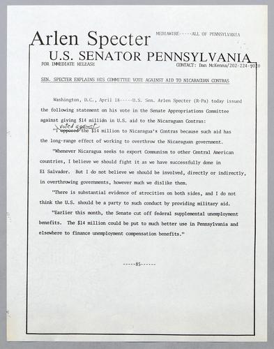 Senator Specter explains his committee vote against aid to Nicaraguan contras