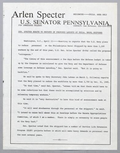 Senator Specter reacts to reports of proposed layoffs at Philadelphia Naval Shipyard