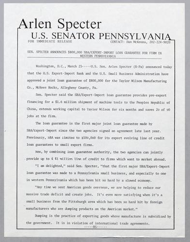Senator Specter announces $800,000 SBA/export-import loan guarantee for firm in western Pennsylvania