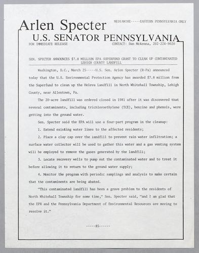 Senator Specter announces $7.8 million EPA superfund grant to clean up contaminated Lehigh County landfill