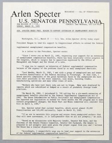 Senator Specter urges President Reagan to support extension of unemployment benefits