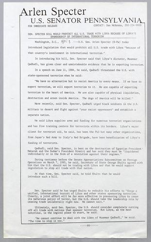 Senator Specter bill would prohibit all U.S. trade with Libya because of Libya's sponsorship of international terrorism