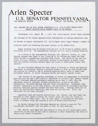Senator Specter says he will oppose substantial U.S. aid to Egypt unless Egypt adopts policies which promote peace in the Mideast